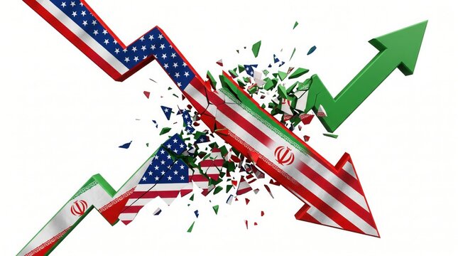 Conceptual 3d illustration of diverging economic trends featuring colliding financial charts marked with national symbols representing global market dynamics