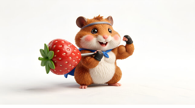 Strong cute muscular hamster weight lifting vector with strawberry