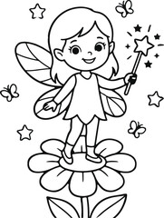 Fototapeta premium Cartoon fairy girl standing on a flower with magic wand and stars