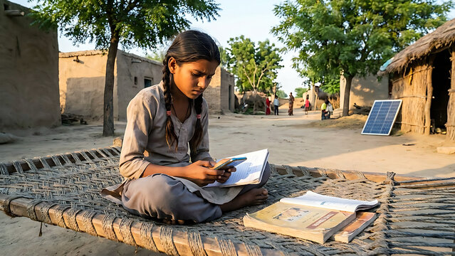 young girl studying on charpoy in rural village