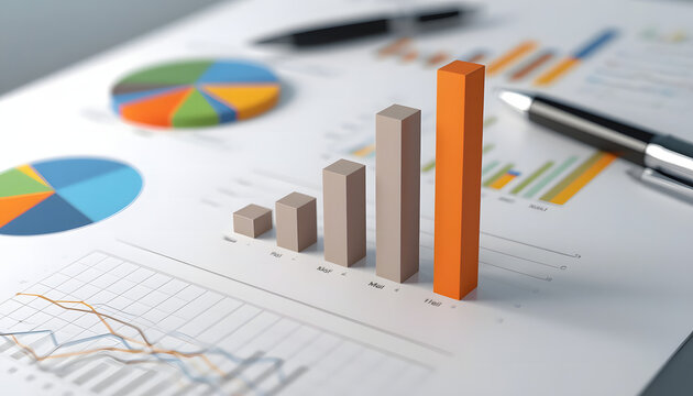 Financial document with a 3D bar chart showing growth. Colorful pie charts and data graphs are scattered on the paper. This corporate analysis concept represents business success.