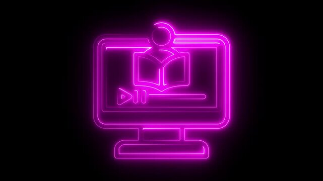 Neon glowing computer screen displaying online education with book and cursor icon 4k video neon, glowing, digital