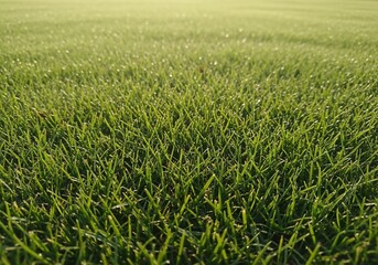 Fototapeta premium Dew-kissed Blades: Morning Light Bathes Lush Greenery in a Gentle Glow