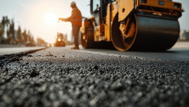 Road construction and asphalt paving a close up view of infrastructure development and maintenance