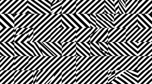 Abstract Black and White Geometric Pattern with Dynamic Zigzag Lines and Diagonal Stripes, Modern Op Art Texture Background