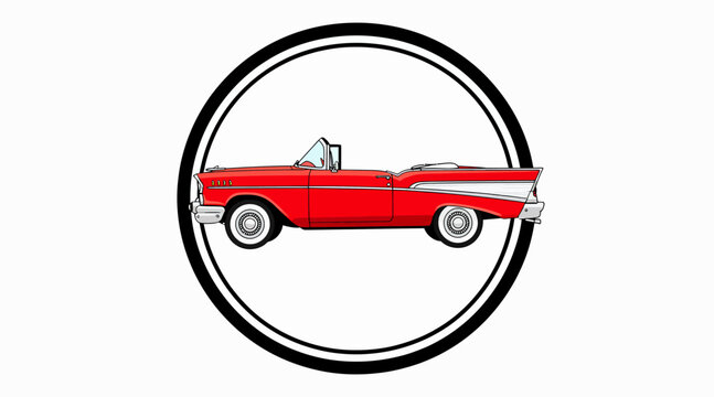 Vintage Red Convertible Car in Circle Emblem - Retro Classic Automobile Icon
