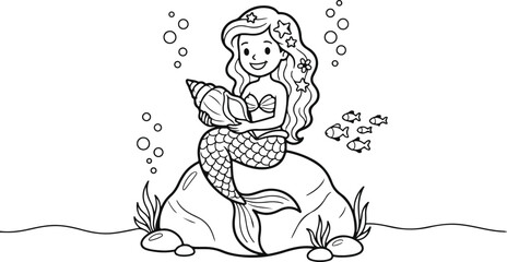 Obraz premium Cute cartoon mermaid sitting on rock underwater with shell and fish swimming around her