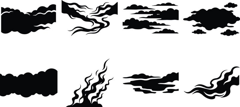Black cloud silhouettes set and oriental smoke vector elements isolated on a clean white background for graphic design