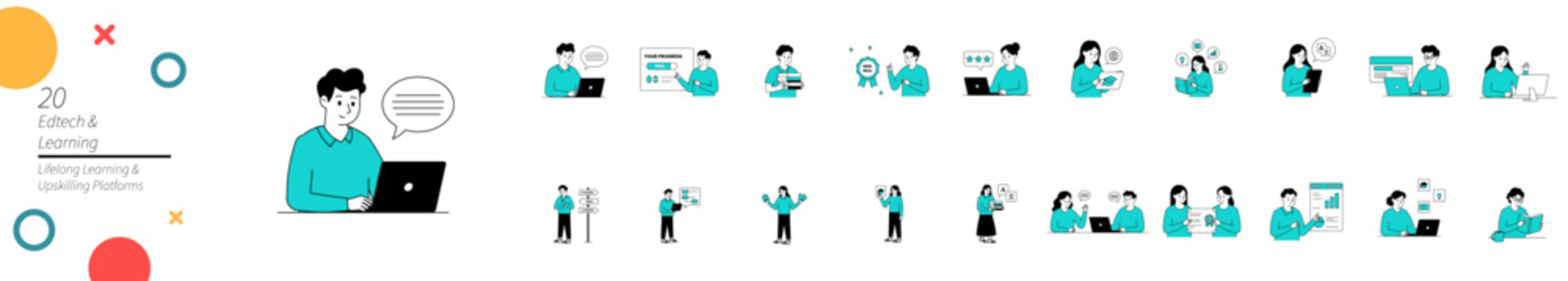 A comprehensive collection of illustrations depicting various aspects of digital education, self-improvement, professional development, and online learning activities in a modern flat design style