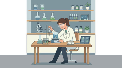 Fototapeta premium Female Scientist Working in Laboratory with Scientific Equipment and Research Data