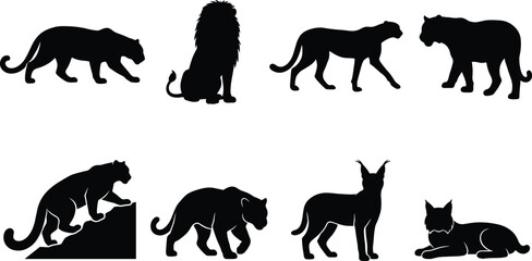 Obraz premium Wild Cat Silhouette Collection Featuring Lion Panther Lynx and Big Feline Wildlife Poses Isolated Vector Set