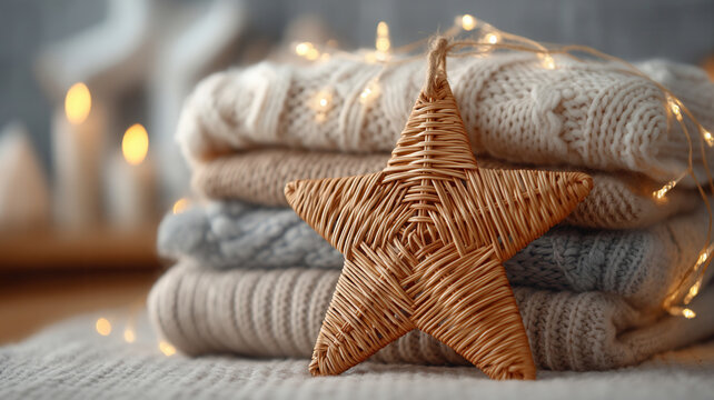 Wicker star blanket knit cozy christmas light decor on stacked wool textile creating warm winter holiday scene