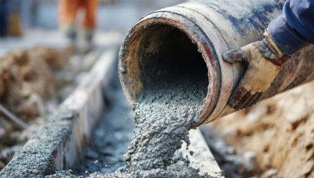 Concrete pouring process worker directs wet cement flow from pipe onto foundation formwork