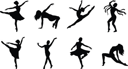 Female Dancer Silhouette Collection Featuring Ballet Contemporary Jazz and Modern Dance Poses Isolated Vector Set © MdMorsalin
