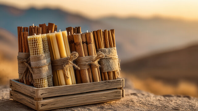 Cinnamon stick candle crate christmas rustic bundle on desert rock with warm mountain sunset and natural craft decor