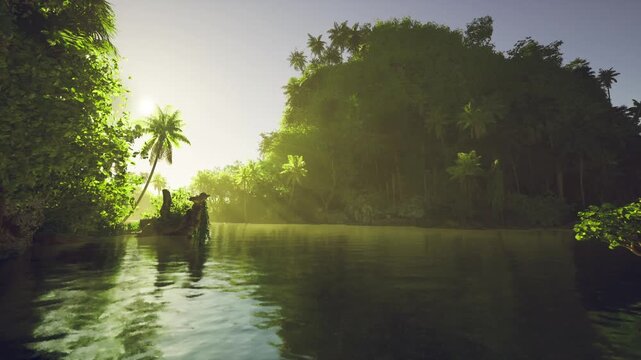 early morning river angler in canoe casting line toward shaded bank, soft haze and warm backlight, intimate connection with wild shoreline and aquatic life