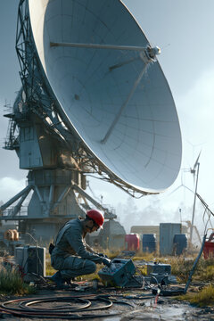 Man working on satellite dish antenna.