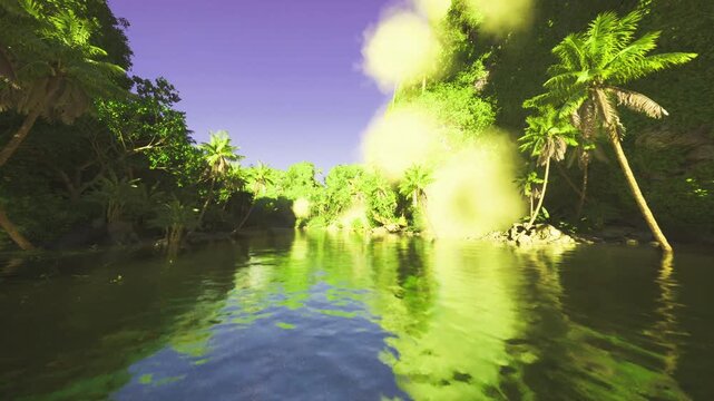 vibrant rainforest channel bathed in sunrise, palm fringed banks and turquoise water stretching into horizon, dynamic light enhancing humidity and moss