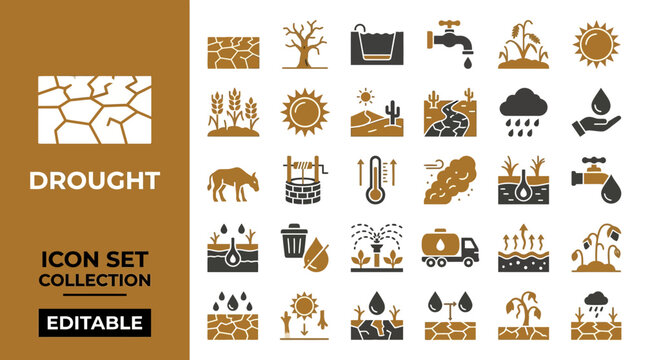 Drought and water scarcity icon set featuring environmental symbols