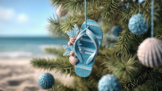 Beach flipflop ornament pine tree christmas decoration blue seashell tropical holiday ocean shore