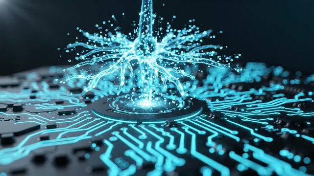 Neural network artificial intelligence demonstrating deep learning processes by visualising synthetic brain connections on a futuristic glowing circuit board processor