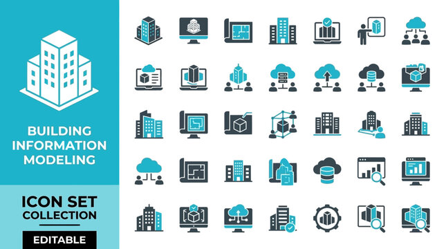 Building information modeling icon set for construction and design