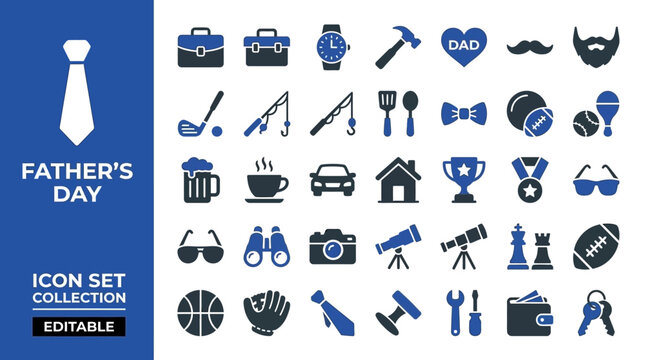 Father's day holiday icons featuring lifestyle and hobby symbols