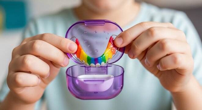 Rainbow Braces Care: Colorful Smile Protection in a Purple Case