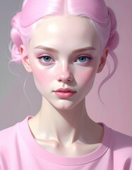 Obraz premium A digital portrait of a young woman with pale skin, pink hair, and blue eyes against a soft pink background, exuding a delicate, ethereal vibe.
