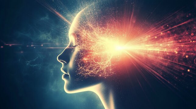 Woman's mind, energy burst, cosmic background, enlightenment concept