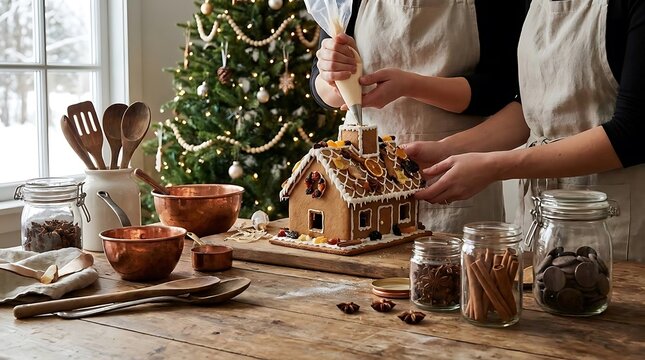 People decorating gingerbread house near christmas tree indoor scene