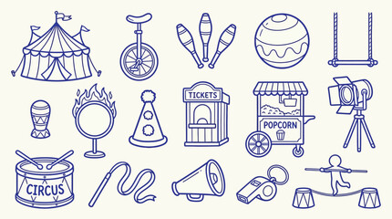 Collection of simple line art illustrations representing circus elements and activities. © zainab