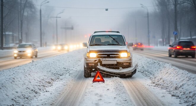 Winter Road Woe: Broken Bumper, Blinding Snow, and a Warning Triangle's Glow