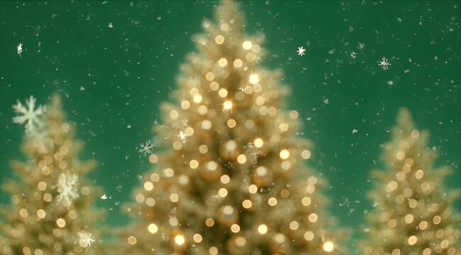 Christmas tree bokeh with warm golden lights, snowflake fall on green background, festive holiday scene with soft glowing blur and winter bokeh
