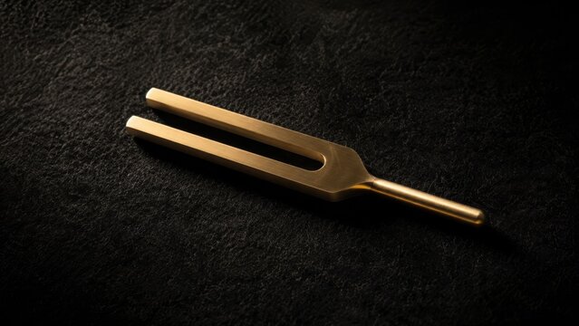 Golden tuning fork on dark fabric with handcrafted texture and warm natural lighting