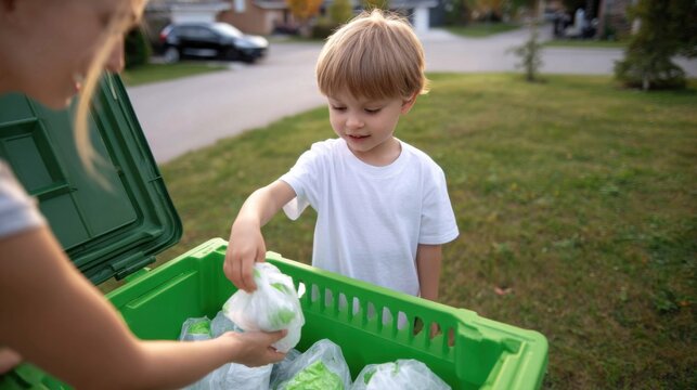 Young boy helps sort items into a green recycling bin in a suburban yard