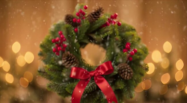 Christmas wreath with red ribbon, pine cone, evergreen berry decoration, festive holiday warmth on blurred light background