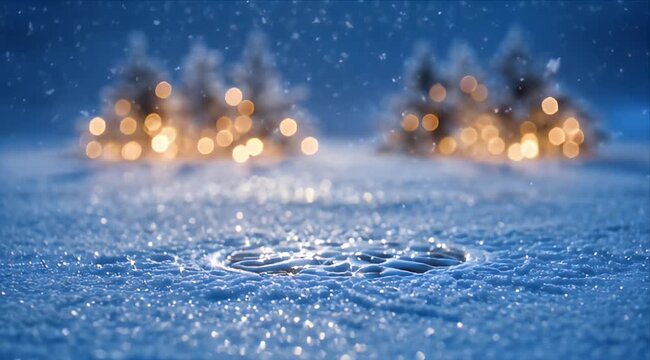 Winter snow field with soft christmas lights and falling snow in blue evening glow, serene holiday landscape with frosty ice, glowing bokeh, calm festive scene