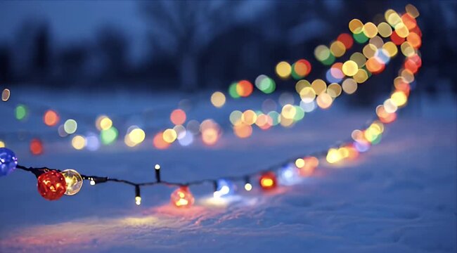 Christmas lights in snowy outdoor winter scene with colorful bokeh, festive glow, soft holiday mood and decorative winter snow ambiance