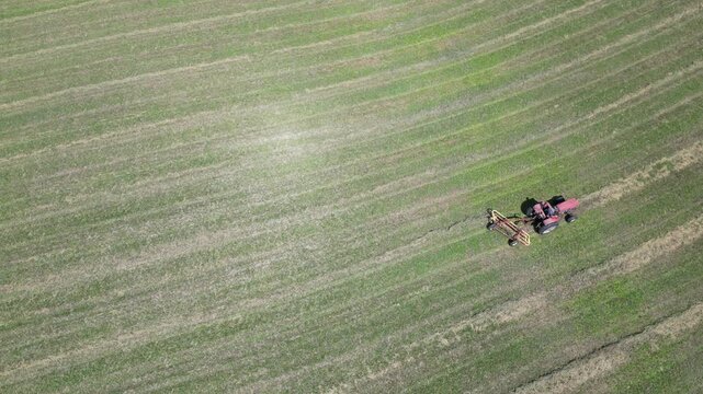 Aerial view of a tractor preparing hay in the field for making straw bales - Vue a&eacute;rienne d'un tracteur pr&eacute;parant le foin dans le champ pour la confection des bottes de paille

