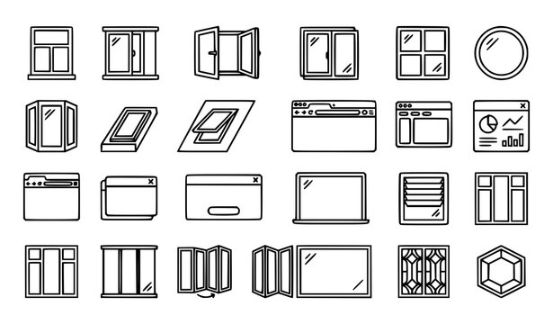 Modern House Window and Digital Web Browser Pane Line Icon Set with Various Architectural Glass Panes Operating Styles and User Interface Layout Concepts