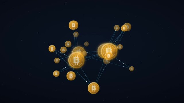 Cryptocurrency bitcoin network animation with connected gold coins forming blockchain nodes