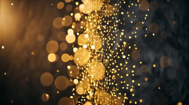 Golden glitter bokeh abstract closeup with sparkling light dark background, golden sparkler bokeh for christmas celebration glow and festive night mood abstract light particles against dark