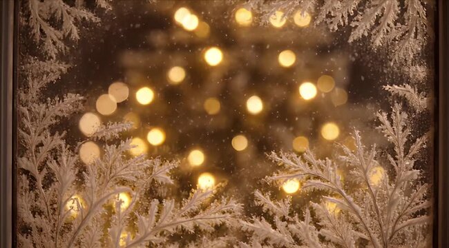 Frosted Fern Christmas Winter Decoration with Golden Light and Soft Bokeh, Warm Festive Glow, Holiday Pine Branch Seasonal Decor, Snow Sparkle Scene