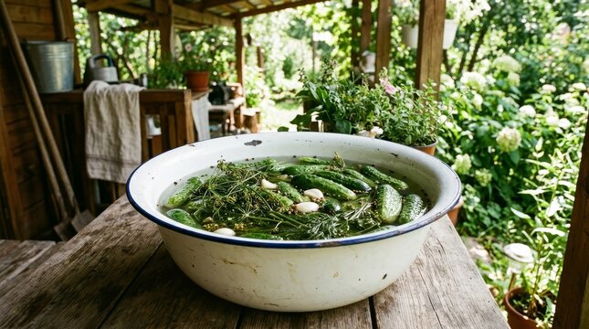 Fresh cucumbers in an enamel basin for pickling