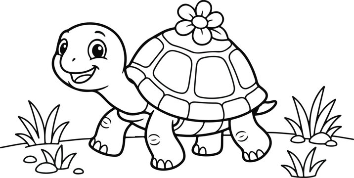 Smiling cartoon turtle walking on grass and rocks outdoor