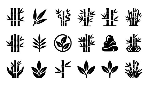 Zen Bamboo Silhouette Set with Spa Stones Foliage and Hands for Natural Cosmetics Beauty Wellness Branding Environmental Ecology Concepts and Oriental Logo Designs