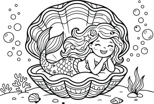 Smiling mermaid lying in a clamshell underwater scene