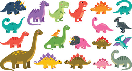 Cute cartoon dinosaur vector characters set featuring colorful prehistoric animals like T-Rex, Triceratops, Brachiosaurus, and Stegosaurus for children graphic design illustrations. © MdSaddam