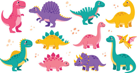 Cute baby dinosaur characters vector illustration set featuring happy prehistoric dinos like Tyrannosaurus Rex, Triceratops, and Brachiosaurus in a friendly cartoon style. © MdSaddam